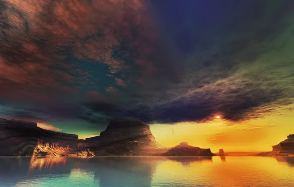 Картинка облака, закат, озеро, скалы, арт, lightdrop