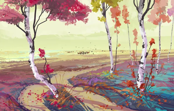 Картинка осень, деревья, арт, берёзы, нарисованный пейзаж