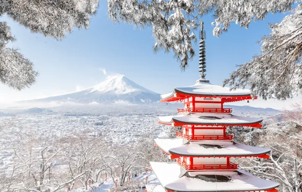 Картинка зима, снег, деревья, ветки, гора, вулкан, Япония, Фудзи