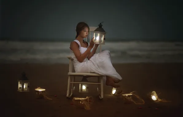 Картинка море, девушка, берег, лампа