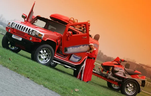 Взгляд, девушка, Девушки, блондинка, Hummer, красный авто, водный мотоцикл
