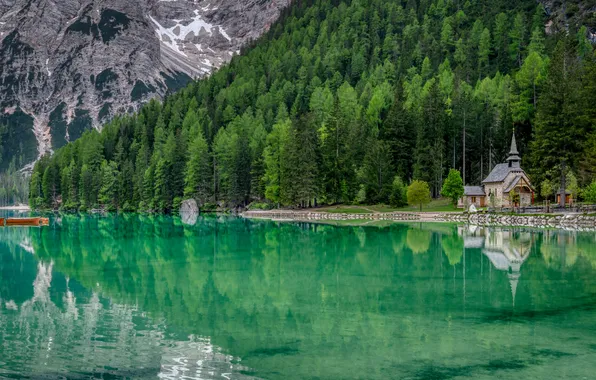 Лес, деревья, горы, озеро, скалы, лодки, часовня, Italy