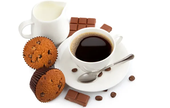 Картинка кофе, шоколад, зерна, завтрак, молоко, ложка, чашка, сладости