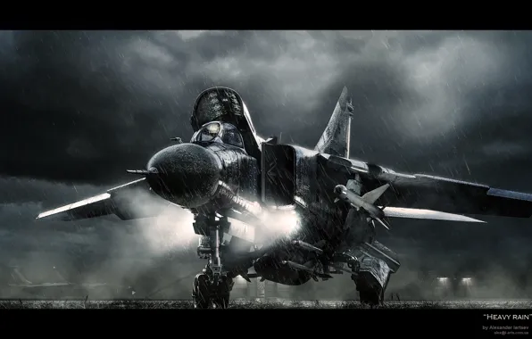 Картинка авиация, дождь, истребитель, самолёт, многоцелевой, советский, МиГ-23