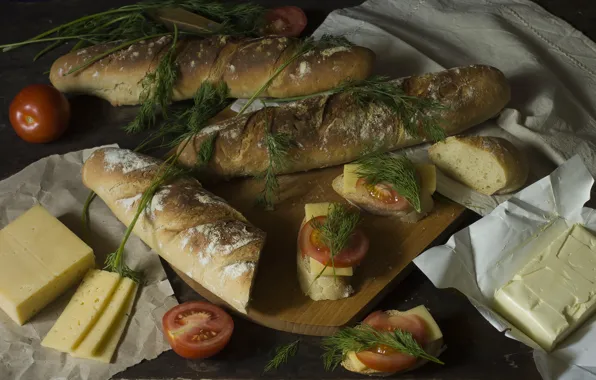 Бумага, стол, масло, еда, сыр, укроп, хлеб, натюрморт