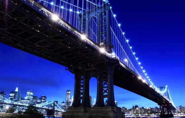 Картинка ночь, сердце, Нью-Йорк, США, Бруклинский мост, мегаполис, night, New York city