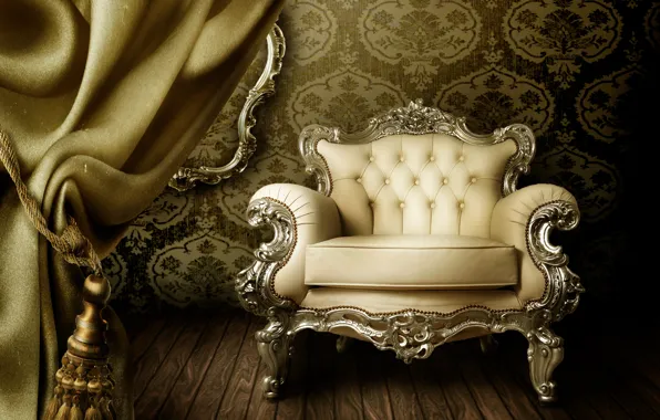 Обои, кресло, шторы, vintage, interior, luxury, curtain