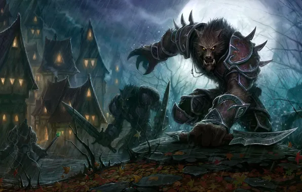 Картинка ночь, оружие, фантастика, дома, фэнтези, волки, воины, World-of-Warcraft
