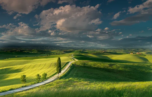 Картинка лето, небо, облака, поля, Италия, луга, Тоскана