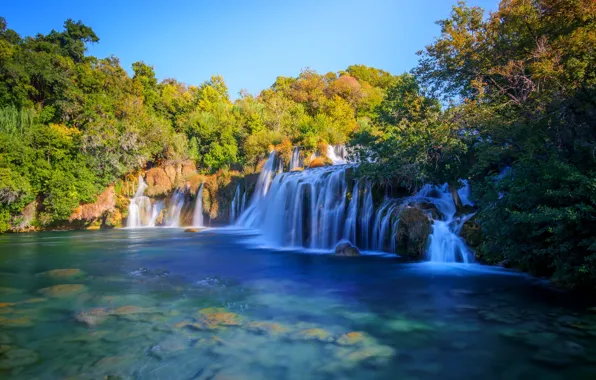Картинка Река Крка, Водопад Скрадинский Бук, Skradinski Buk Waterfalls, Хорватия, водопад, Krka National Park, деревья, Национальный …