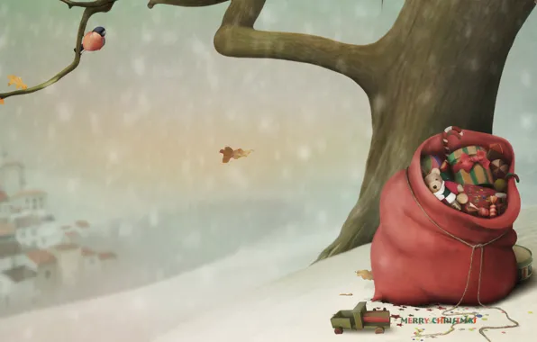 Картинка снег, дерево, настроение, праздник, игрушки, вектор, птичка, мешок