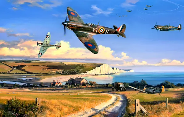 Картинка Битва за Британию, грунтовая дорога, автомашина, WWII, Spitfire Mk.I, Белые скалы Дувра, 65 Squadron