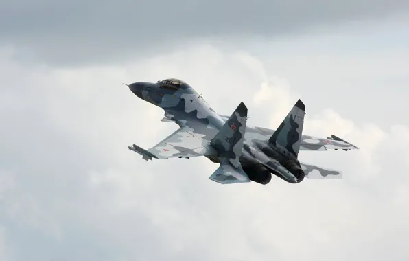 Облака, Самолет, Полет, Истребитель, Су-35, Многоцелевой, Небо. Высоита