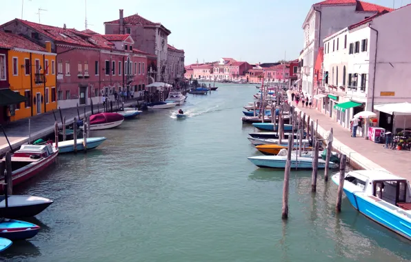 Небо, дома, лодки, Италия, Венеция, канал, тротуар, остров Мурано