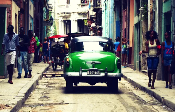 Картинка люди, улица, тень, сзади, автомобиль, Куба, Гавана