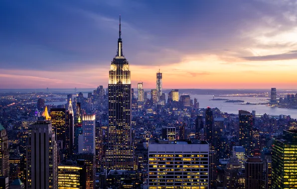 Картинка закат, огни, побережье, дома, Нью-Йорк, небоскребы, залив, США