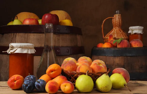 Картинка яблоки, фрукты, персики, сливы, груши, бочки, варенье