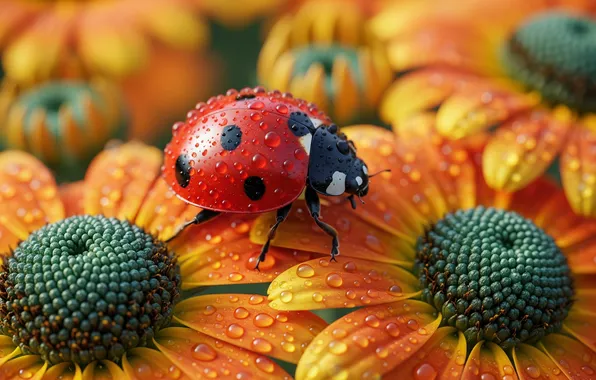 Цветы, роса, обои, божья коровка, арт, wallpaper, art, flowers