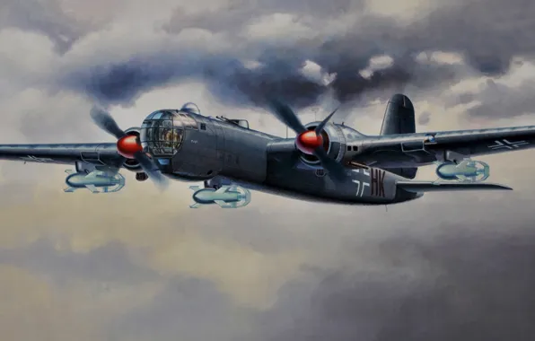 Картинка war, art, painting, aviation, ww2, german bomber, Heinkel He 177