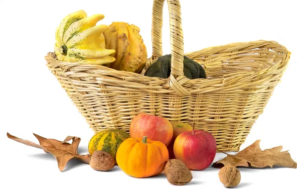 Картинка осень, листья, корзина, яблоки, тыква, орехи, натюрморт, оыощи