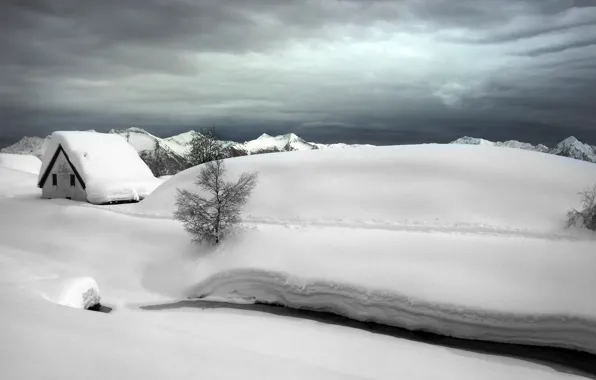 Картинка зима, снег, пейзаж, дом, река