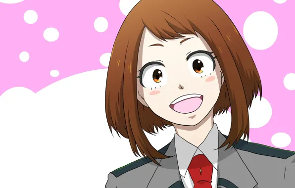 Девушка, улыбка, фон, Boku No Hero Academia, рзовый, Моя Геройская Академия, Урарака Очако