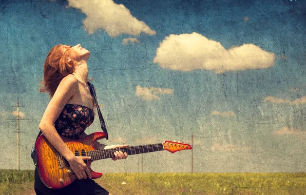 Girl, guitar, fashion, dress, field, freedom, free, female