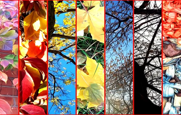 Картинка осень, листья, деревья, ветки, природа, рендеринг, коллаж, опилки на газоне