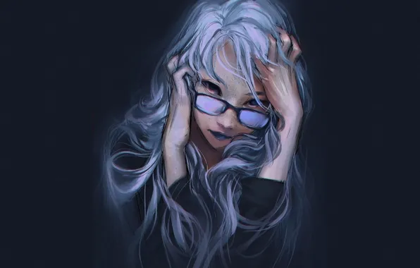 Картинка лицо, темный фон, рисунок, руки, очки, пастель, голубые волосы, портрет девушки