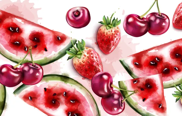 Картинка вишня, ягоды, текстура, арбуз, клубника