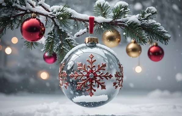 Зима, снег, украшения, шары, Новый Год, Рождество, glass, new year