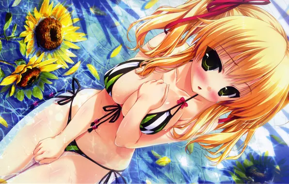Girl, sexy, cleavage, long hair, nature, boobs, anime, water