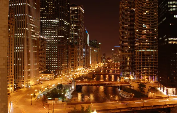 Картинка ночь, огни, река, небоскребы, мосты, чикаго, Chicago