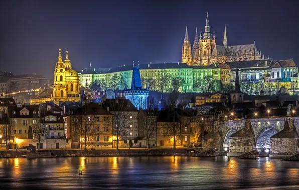 Ночь, мост, город, река, Прага, Чехия, архитектура, night