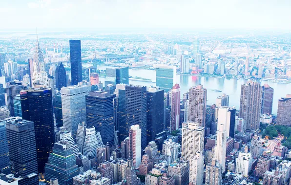 Нью-Йорк, небоскребы, панорама, США, Манхэттен, мегаполис
