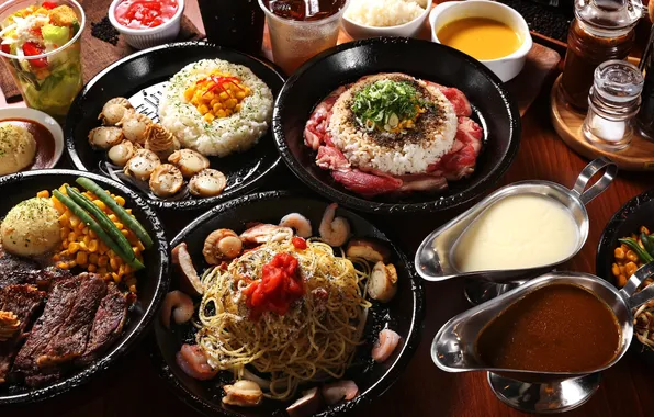 Картинка рис, японская кухня, блюда, лапша, соусы