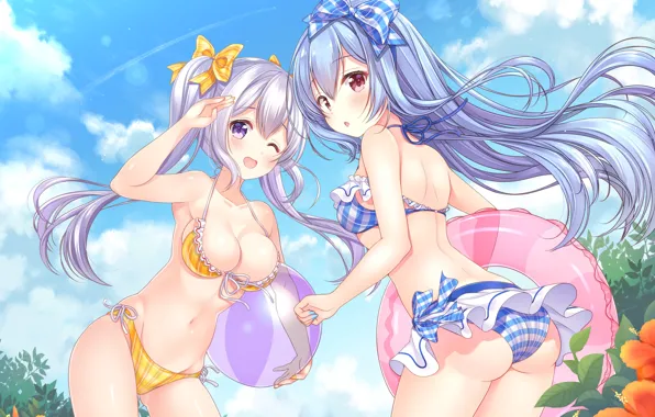 Пляж, Девушки, Лето, Арт, Купальники, Aoba Project