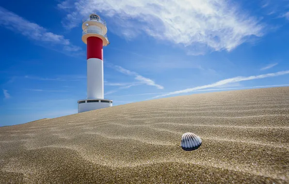 Песок, небо, маяк, ракушка, Испания, Spain, Deltebre, Fangar Lighthouse