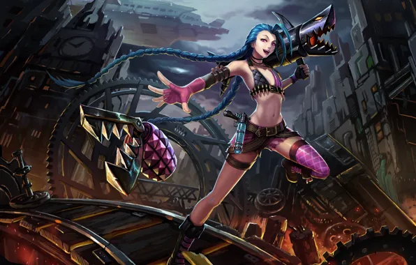 Девушка, оружие, граната, дома, арт, шестерёнки, League of Legends, LoL