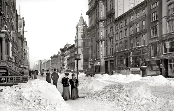 Картинка зима, снег, ретро, улица, Нью-Йорк, США, 1905-йгод