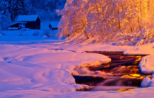 Картинка зима, свет, снег, ночь, природа, река, поток, вечер