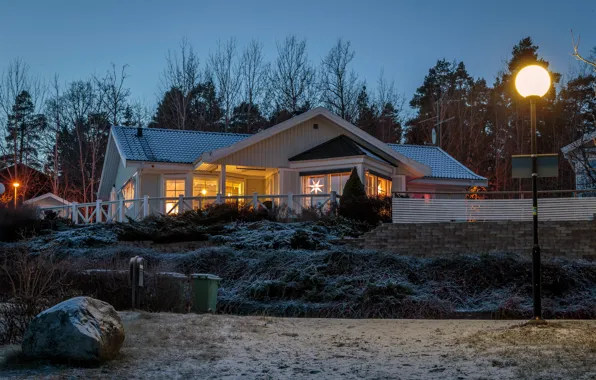 Картинка зима, деревья, огни, дома, вечер, фонари, Швеция