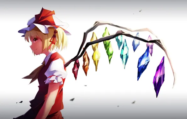 Крылья, кристаллы, серый фон, чепчик, в профиль, вампирша, Touhou Project, Flandre Scarlet