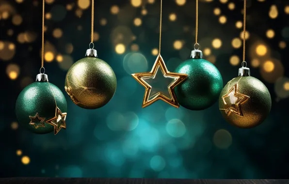 Картинка украшения, темный фон, золото, green, шары, Новый Год, Рождество, golden