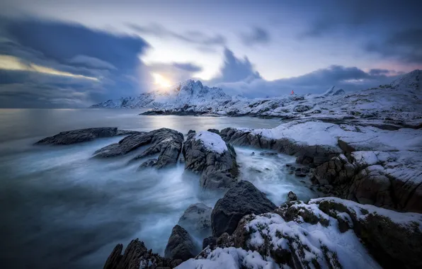 Зима, море, побережье, Норвегия, Norway, Lofoten, Nordland, Vester Nesland