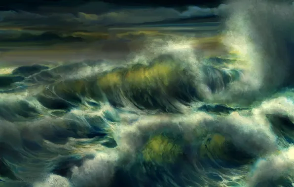 Картинка море, волны, пена, вода, шторм, океан, арт