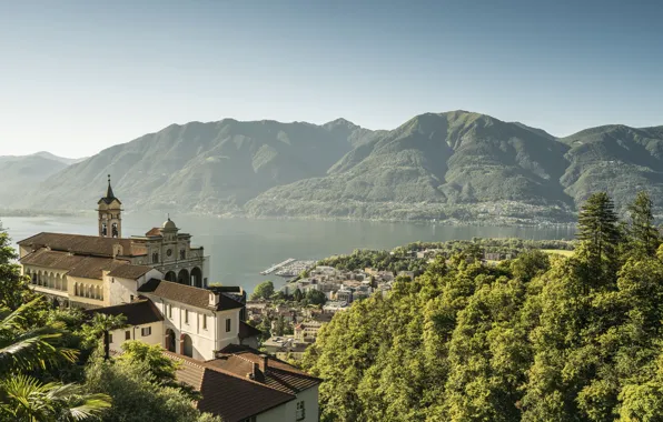 Горы, город, озеро, Швейцария, Ticino, Locarno, Обитель Мадонна-дель-Сассо, Madonna del Sasso Sanctuary