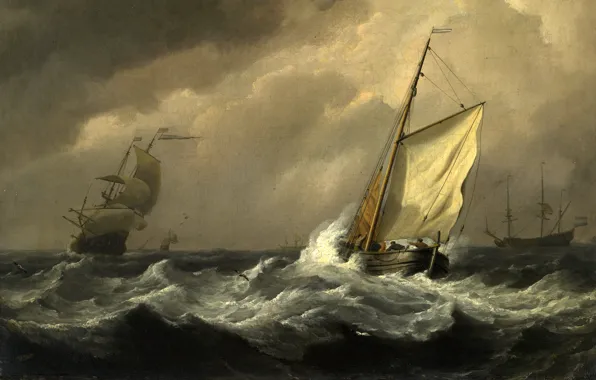 Картинка море, волны, шторм, корабли, буря, картина, живопись, моряки