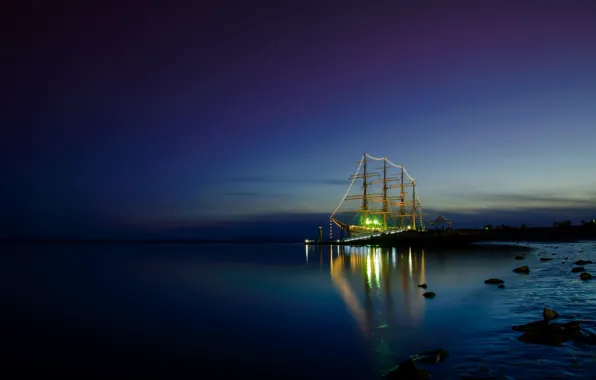 Картинка ночь, огни, корабль, парусник