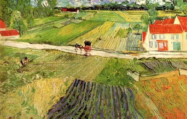 Картинка Landscape, Vincent van Gogh, with Carriage, in the Background, and Train